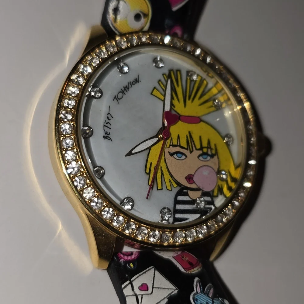 Betsey Johnson Gold Cartoon Watch with Black Strap